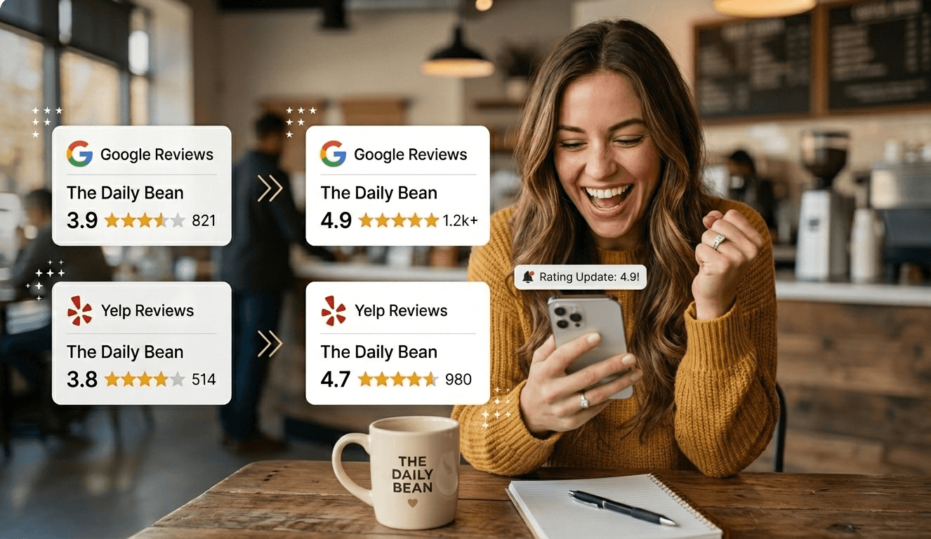 Restaurant guest seeing stronger Google and Yelp review growth on her phone
